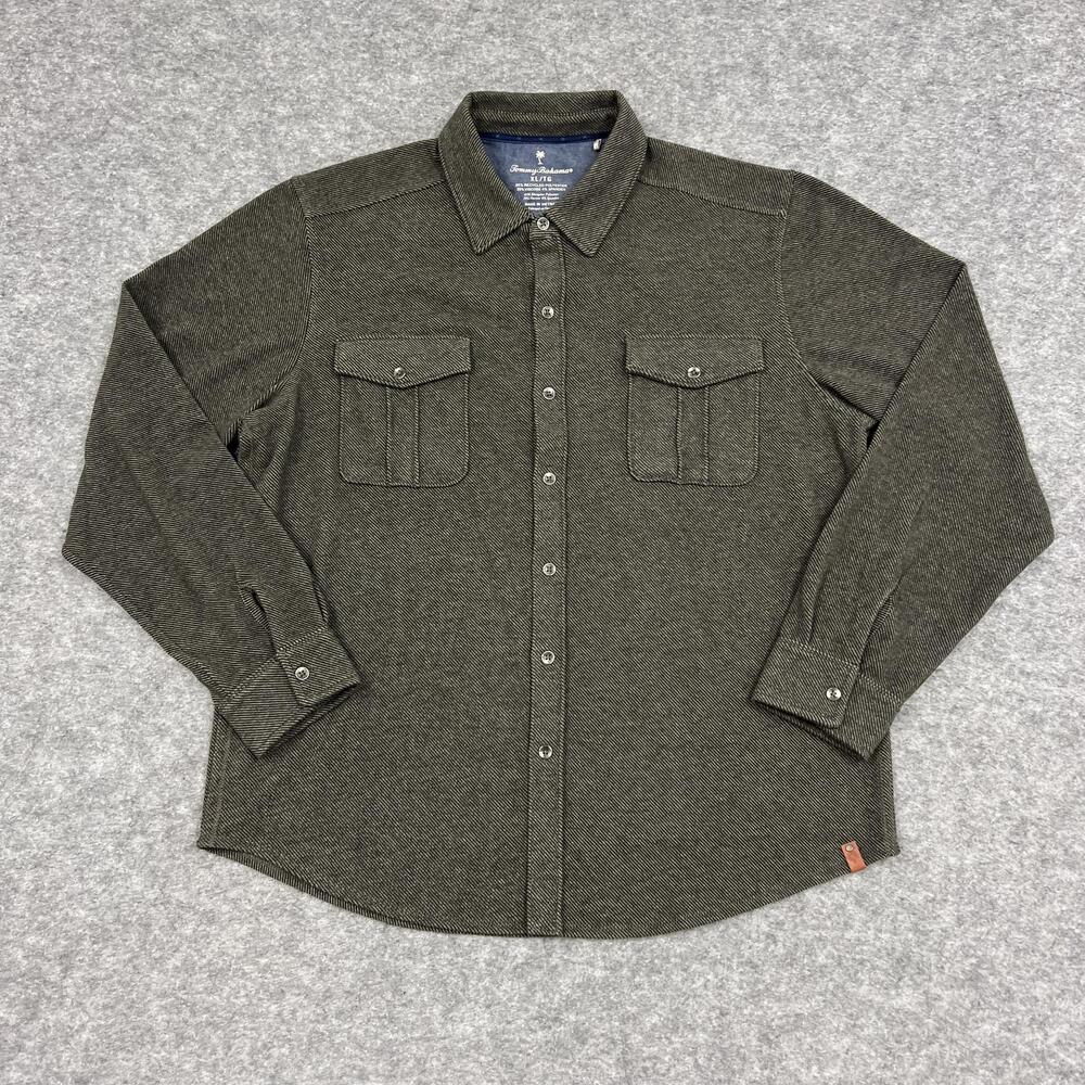 Tommy Bahama Shirt Mens XL Green Twill Weave Fireside Coast Stretch Flannel Camp